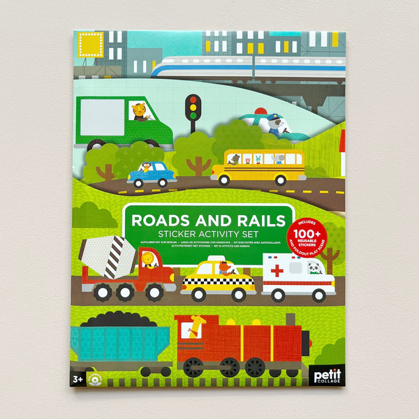 Roads and Rails sticker activity set on grey background.