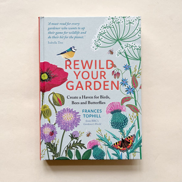 'Rewild Your Garden' book cover on beige background.