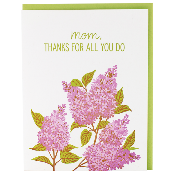 Greeting card with pink flowers and 'mom, thanks for all you do' text on a white background