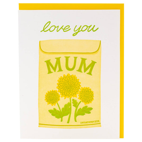 Card with 'love you MUM' text and floral seed packet design on a yellow border