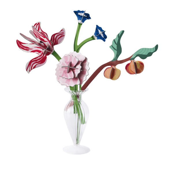 Decorative glass flowers in a clear vase on a transparent background
