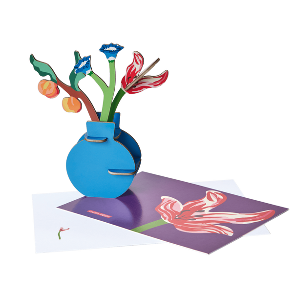 Pop-up card with a blue vase and flowers on a green background