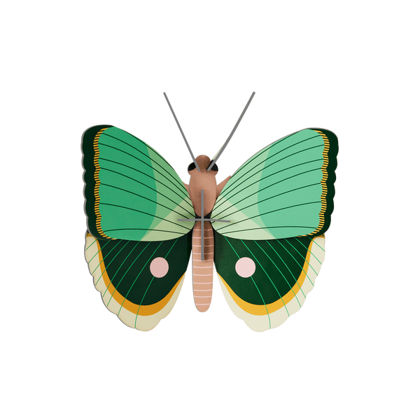 Paper wall art butterfly with green wings on a transparent background.
