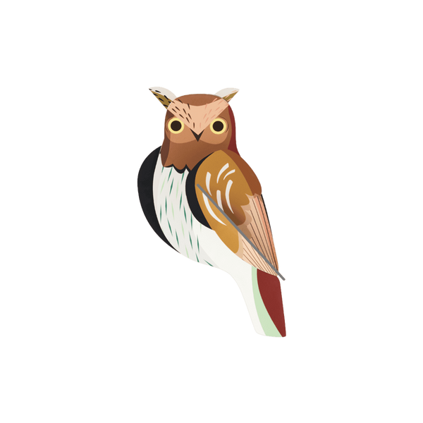 Brown and white owl paper wall art on transparent background.