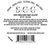 Label for Sweet Caroline Confections Fruit Punch Hard Candy Lollipop with product details and branding.