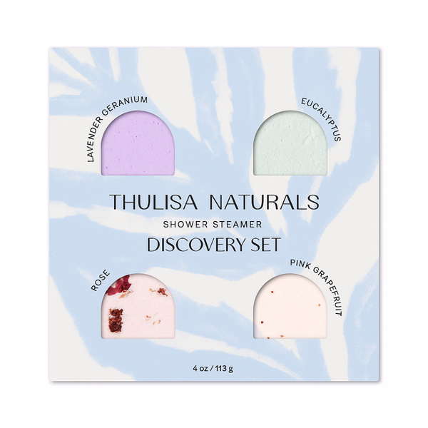 Thulisa Naturals shower steamer discovery set packaging with four different scented steams.