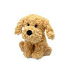Plush toy light brown dog with a black nose on a white background