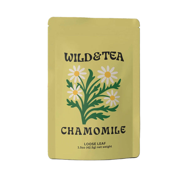 Yellow package of Wild & Tea chamomile loose leaf tea on a white background