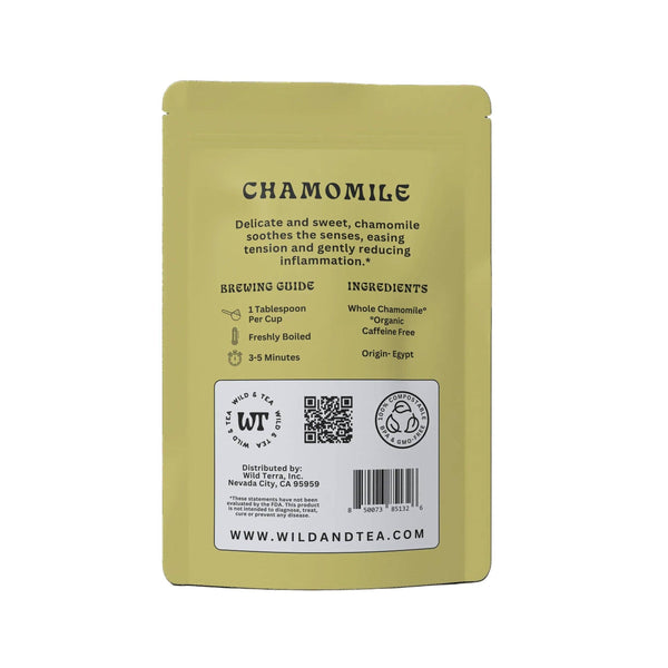Yellow package of chamomile tea with text and branding on a white background
