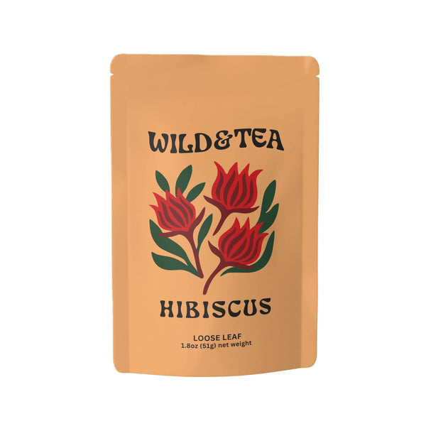 Packaging of Wild & Tea Hibiscus loose leaf tea on a white background
