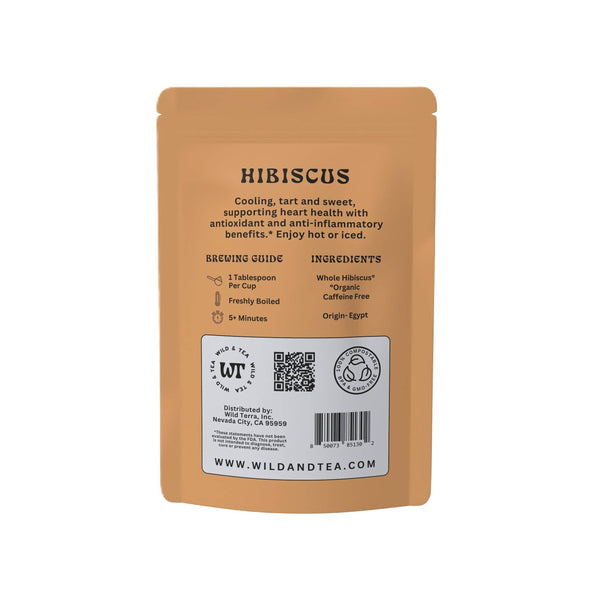 Hibiscus tea package with brewing guide and QR code on a white background