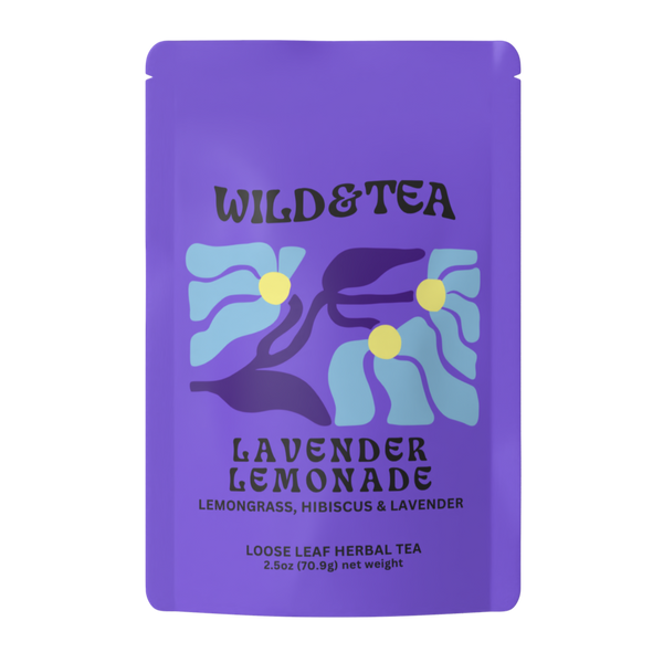 Purple package of Wild & Tea Lavender Lemonade herbal tea on a white background