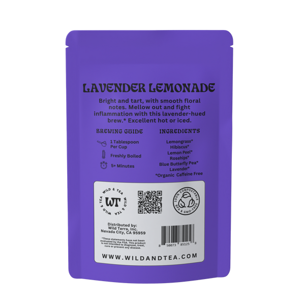 Purple package of Lavender Lemonade tea with text and branding on a white background