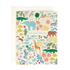 Greeting card with colorful animal illustrations on a white background