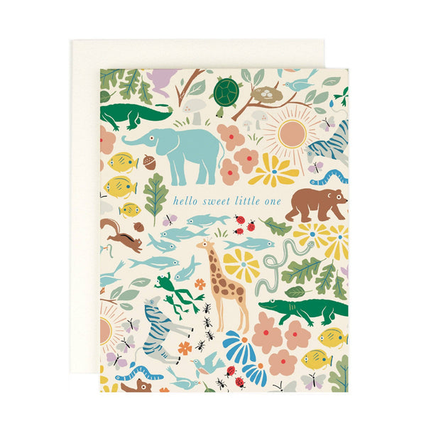 Greeting card with colorful animal illustrations on a white background