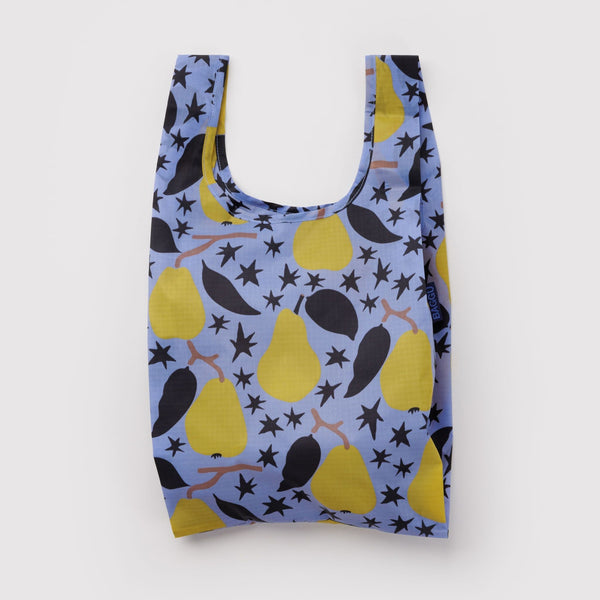 A small nylon shopping bag in a light purple color with a stylized design of golden yellow pears with dark leaves and star shaped accents on a white backdrop.