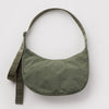 An olive green nylon crescent crossbody bag against a white background.