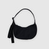A small black nylon crescent crossbody bag against a white background.