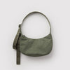 A small olive green nylon crescent crossbody bag against a white background.