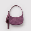 Dusky purple small nylon crescent crossbody bag against a white background.