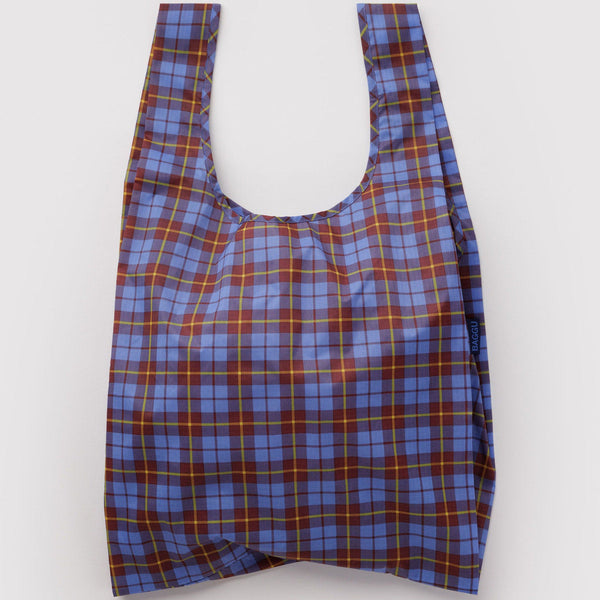 Blue plaid reusable bag on a white background