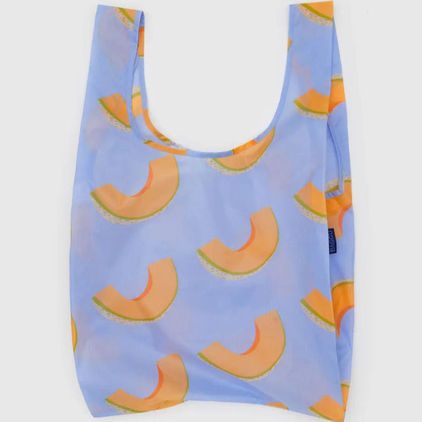 Reusable bag with cantaloupe pattern on a light blue background against a white backdrop.