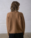 A person facing a white wall wearing an almond brown Aran cable knit cardigan over black pants.