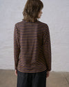 The back view of a person standing facing a white wall wearing a long sleeve dark navy and bronze striped knit top with a mockneck collar, styled over black pants.