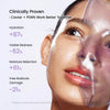 Woman using a hydro-gel face mask with clinical benefits displayed on a white background