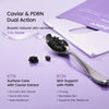 Caviar and PDRN dual action skincare product with spoon filled with caviar and packaging on a purple background