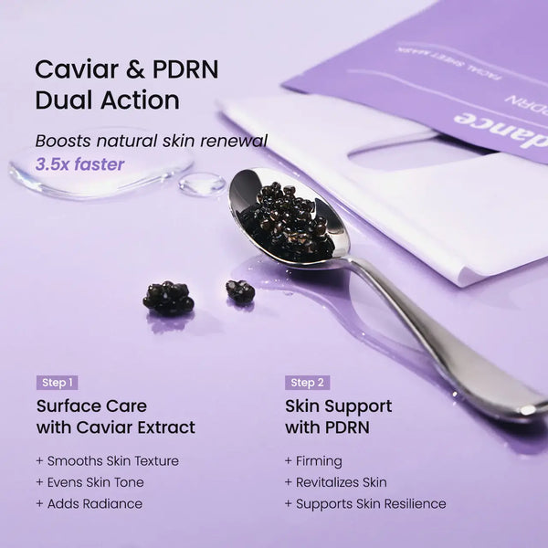 Caviar and PDRN dual action skincare product with spoon filled with caviar and packaging on a purple background
