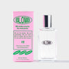 A clear rectangular perfume bottle with a reflective silver cap stands next to its pink packaging box. Both the bottle and box feature the brand name 'BLOMB' in green and black lettering, indicating scent number 15.