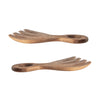 Side view of two wooden salad servers on a white background