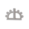 A minimalist, sculptural candle holder made of matte, textured aluminum in a light beige-white color, featuring a central vertical cylinder and five scalloped protrusions on either side, set against a plain white background.