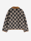 The back view of a beige and grey striped checkerboard fleece jacket with brown corduroy trim and collar against a white background.