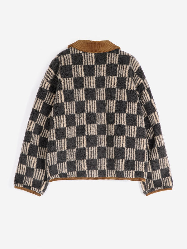The back view of a beige and grey striped checkerboard fleece jacket with brown corduroy trim and collar against a white background.
