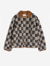 A beige and grey striped checkerboard fleece jacket with brown corduroy trim and collar against a white background.