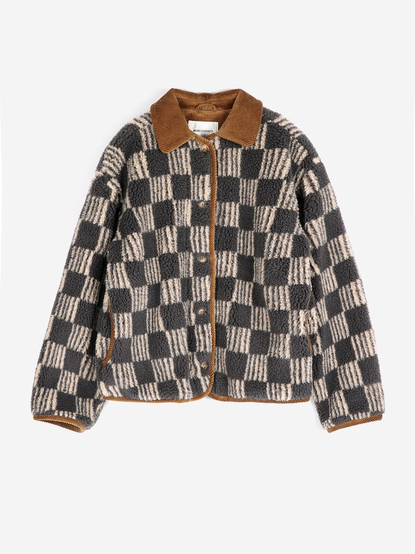 A beige and grey striped checkerboard fleece jacket with brown corduroy trim and collar against a white background.
