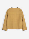 A back view of a golden-tan lightweight puffer jacket against a white background.