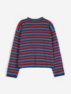 The back of a bright red blue and brown striped button up cardigan against a white background.
