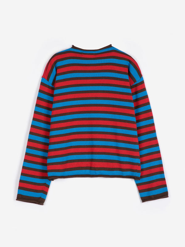 The back of a bright red blue and brown striped button up cardigan against a white background.