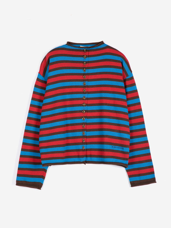 A bright red blue and brown striped button up cardigan against a white background.