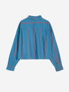 The back view of a boxy bold blue and red triple stripe poplin collared shirt against a white background.