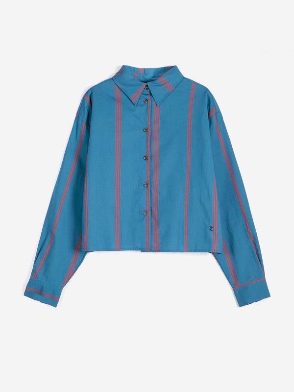 A bold blue and red triple stripe poplin collared shirt against a white background.