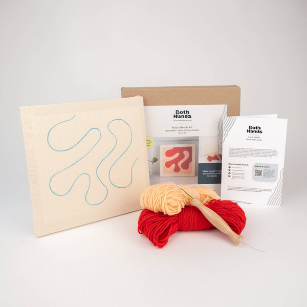 Beth Hands punch needle kit displayed on a white background, including a canvas with a blue line pattern, a brown cardboard box, a white instruction booklet, a white information card, and two balls of yarn in red and peach with a wooden punch needle threader.