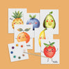 Set of colorful fruit illustration postcards with a paintbrush and paint palette on an orange background