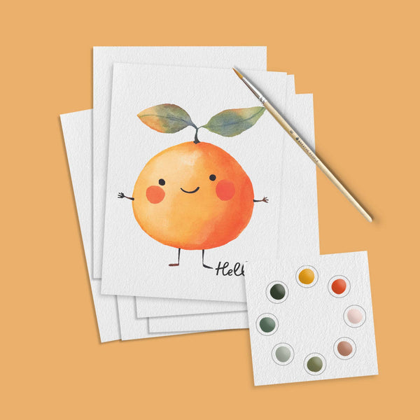 A cute happy orange watercolor postcard with a paintbrush and dot paint palette on an orange background.