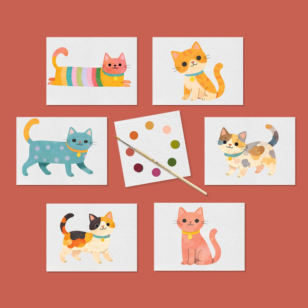 Set of six cute kitty watercolor postcards with a paintbrush and dry dot paint palette on a rust red background.