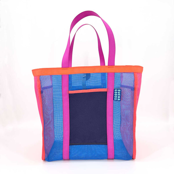 A bold blue mesh tote bag with pink and orange details. There is a navy front pocket on the bag. 
