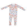 A baby long-sleeve footless one-piece romper with an all-over floral and botanical print on a white background, featuring red, orange, and blue flowers with green leaves.